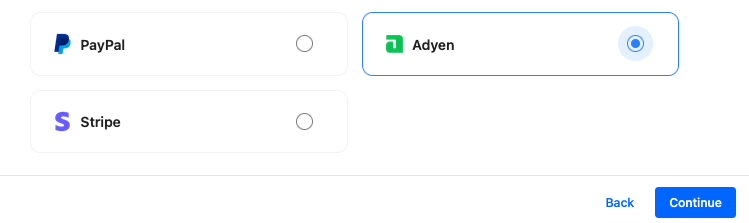 A screenshot showing the Adyen integration selected.