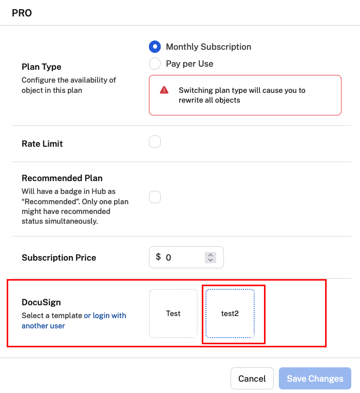 Selecting a DocuSign template from your DocuSign account.