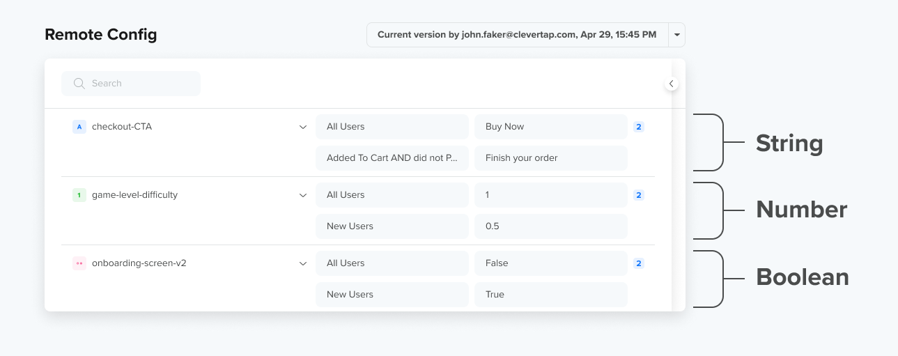 Sample Variables of Different Data Types of a Gaming App