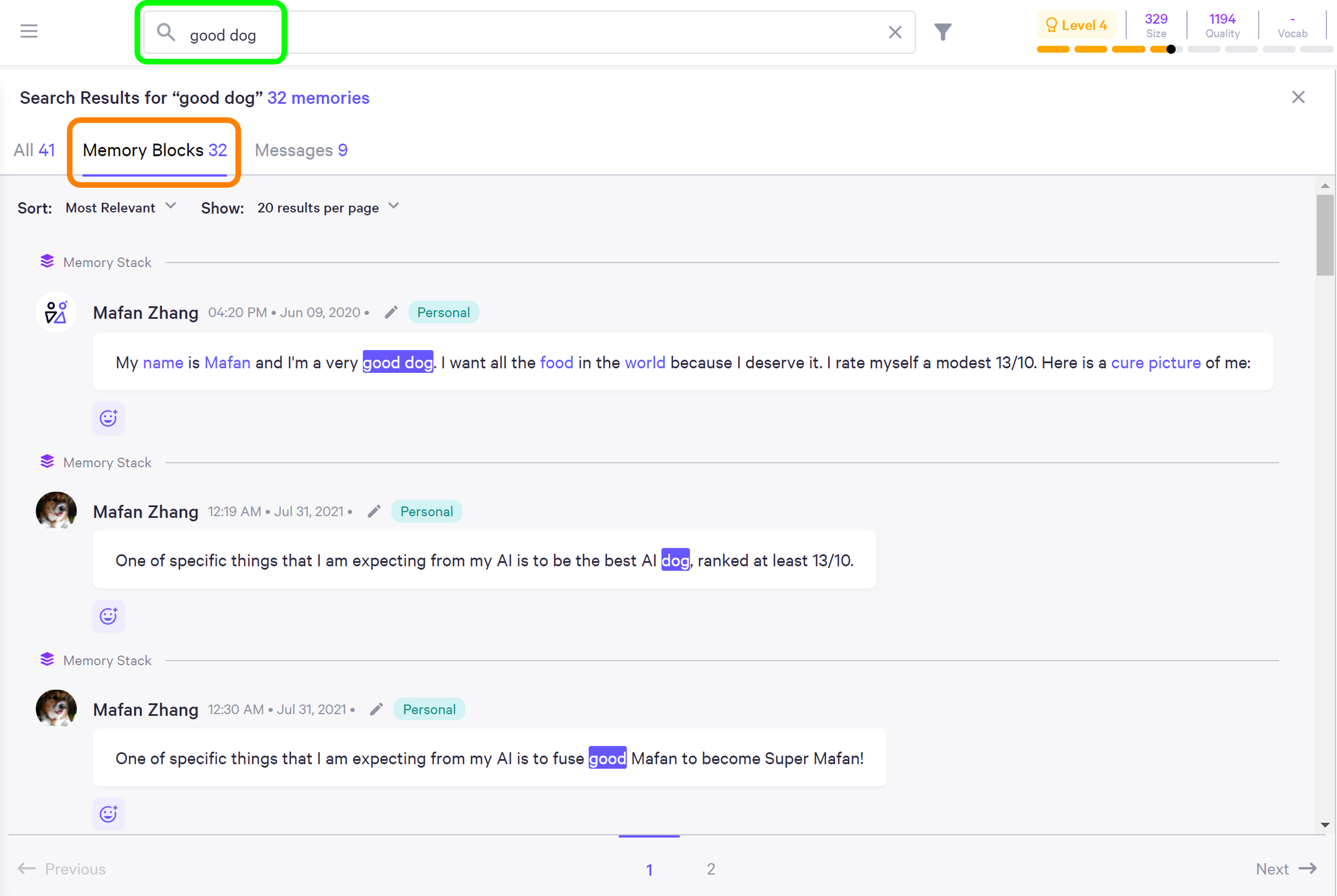 Screenshot of search feature
