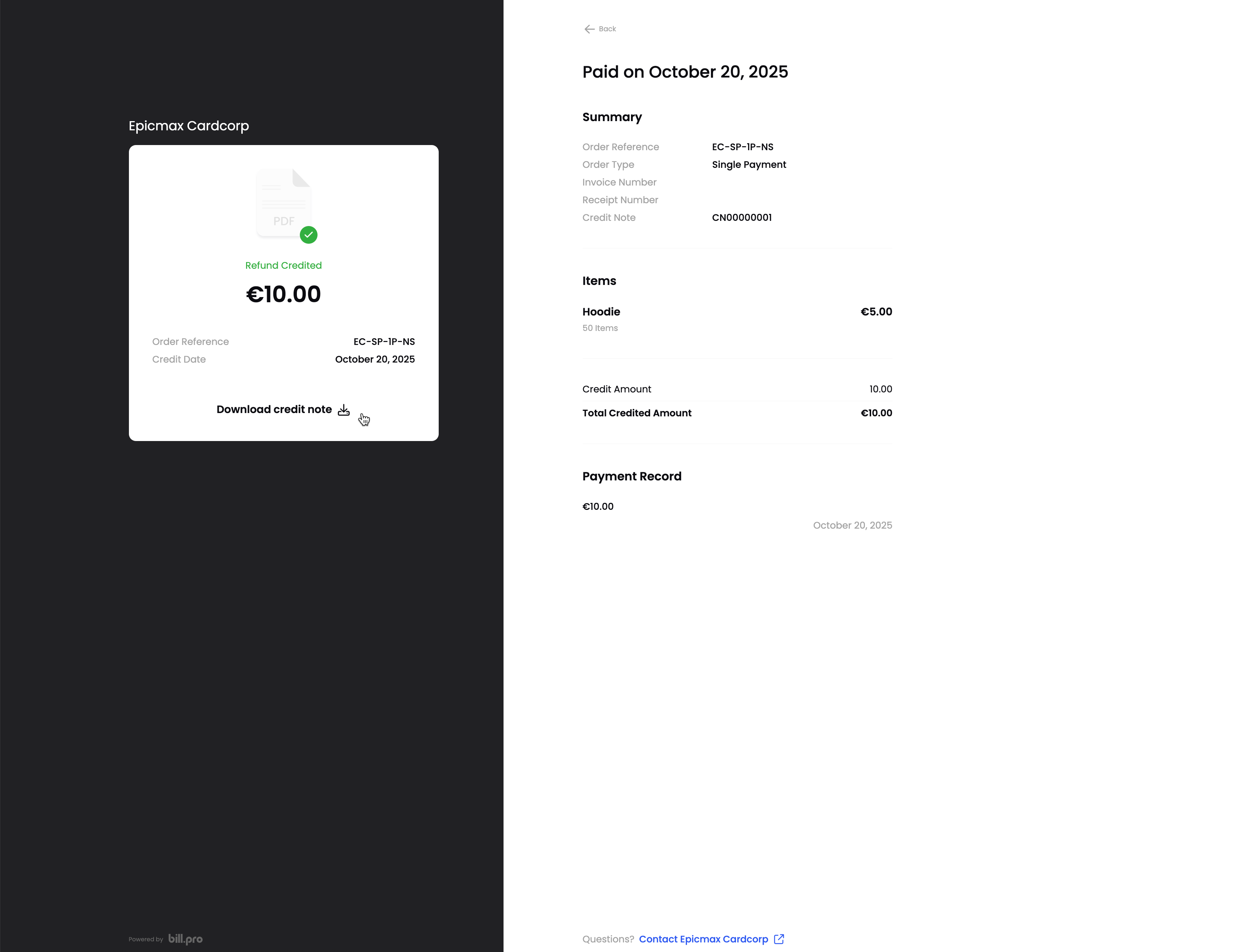 View details of a credit note and download it