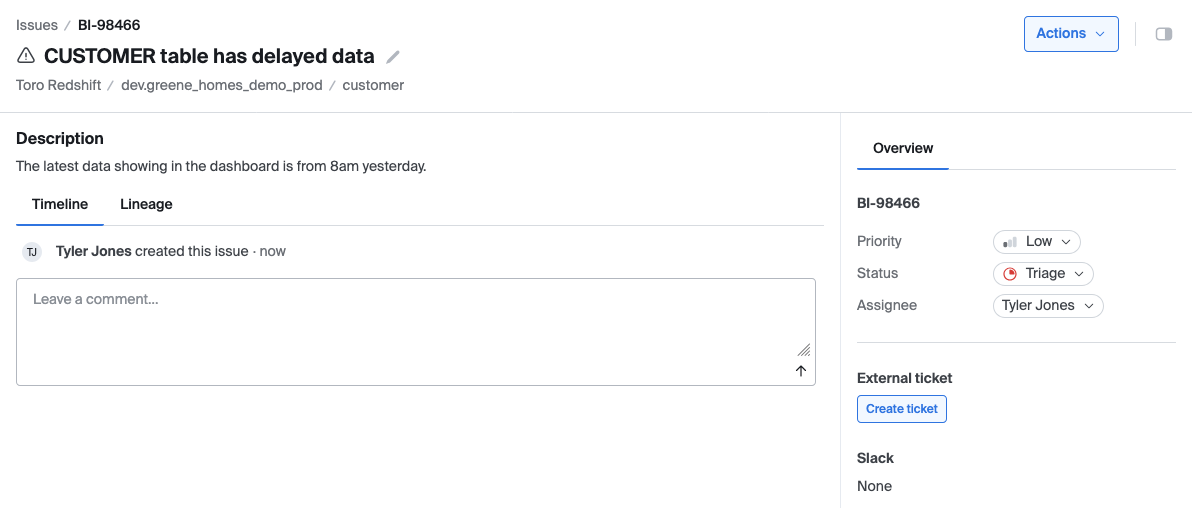 Issue detail page with description, timeline, and fields to edit