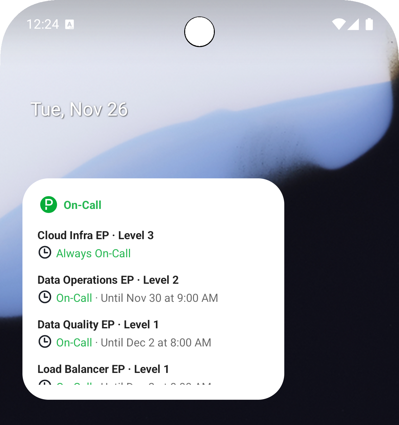 A screenshot of the PagerDuty Android app showing the on-call widget to the home screen