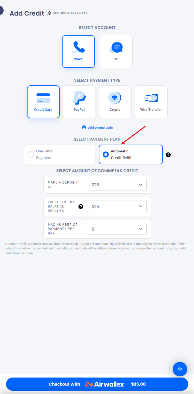 Screenshot of the Select payment method section: : Automatic Credit Refill