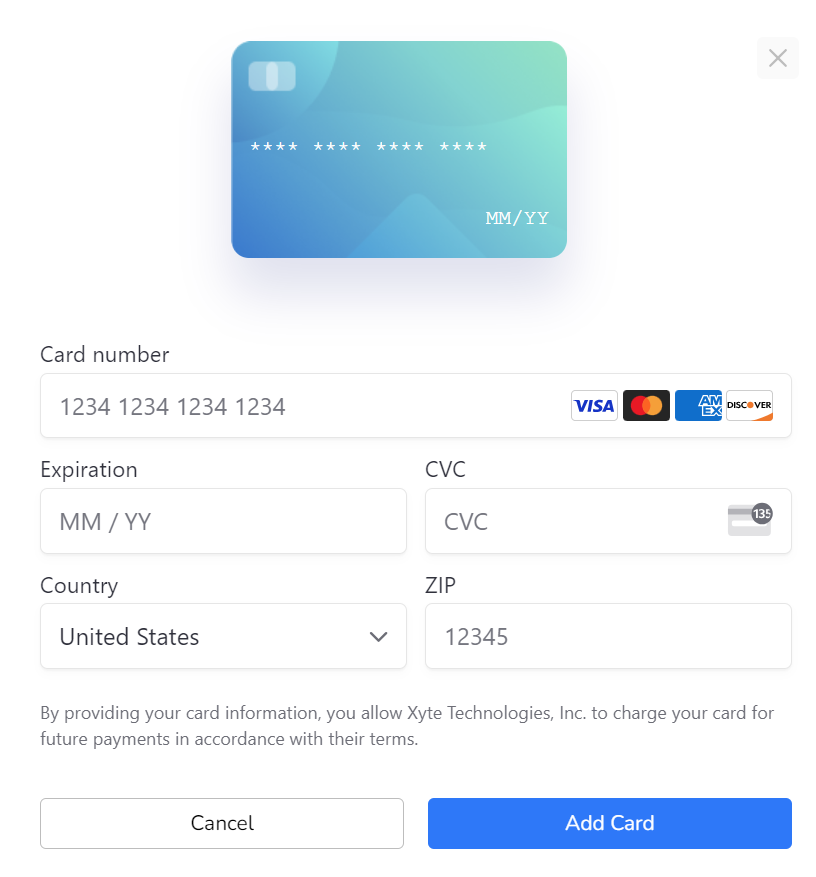 Payment card management screen.