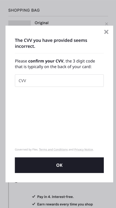 Example of challenge: CVV was incorrect.  
Transaction can be rescued by customer direct input.