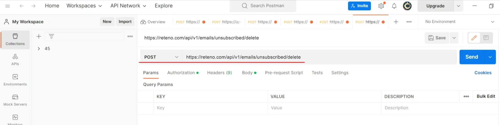 Postman request panel with the POST method and request URL field highlighted