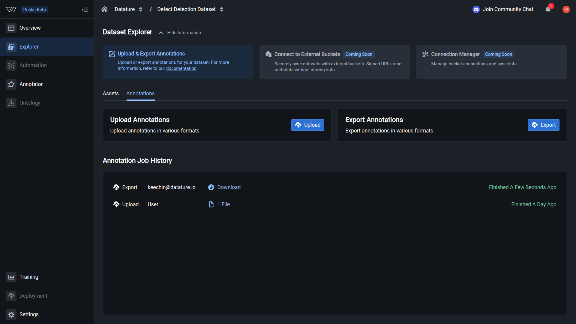 Dataset export page showing a finished job