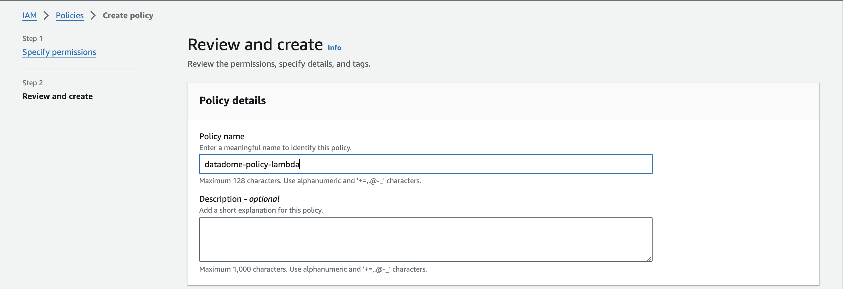 Form to create the policy