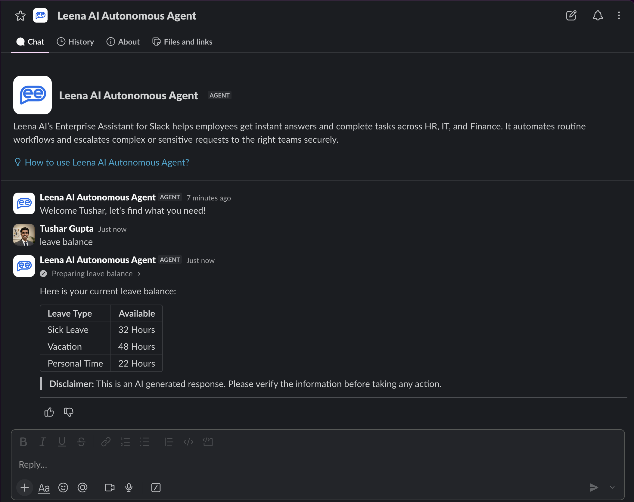 Leena AI in Slack's Assistant experience, with separate Chat and History tabs