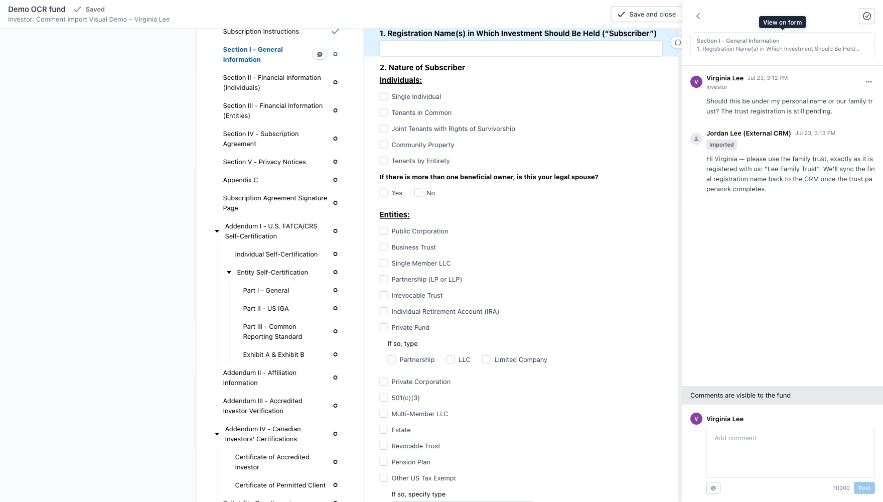 Investor's subscription form open on question 1, with the comment panel showing the investor's question and the imported reply from Jordan Lee (External CRM) tagged Imported