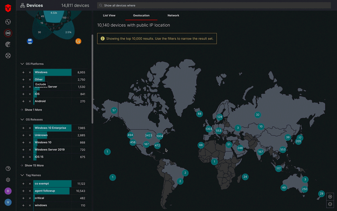 Selecting an icon on the "Geo" map to zoom in and filter by region