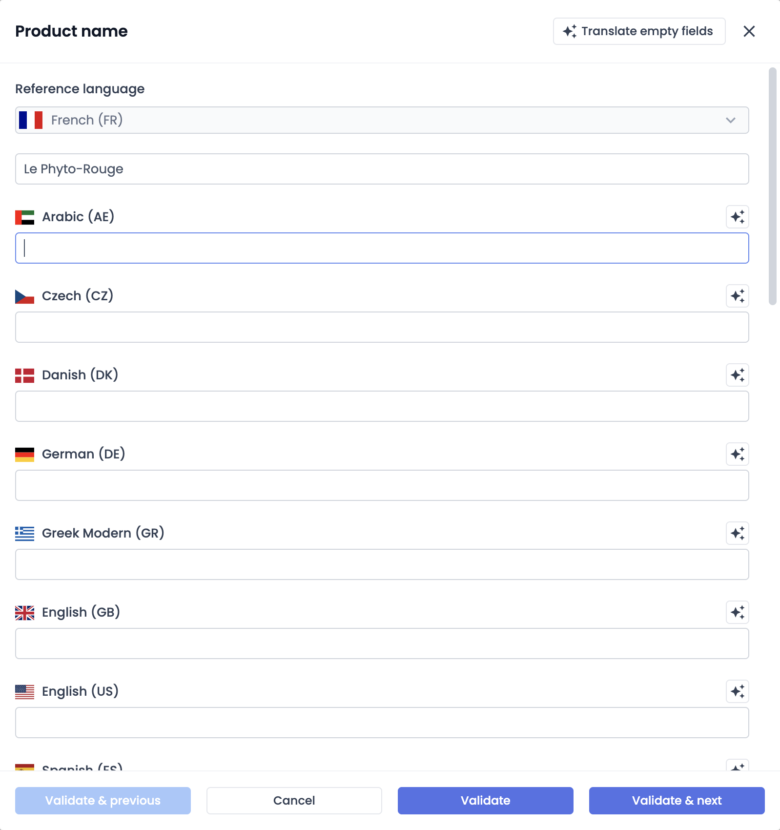 NB1: Available languages may vary depending on the user’s permissions.
NB2: The source language is the default language defined by the administrator. It can be changed by selecting another language in the dropdown menu.