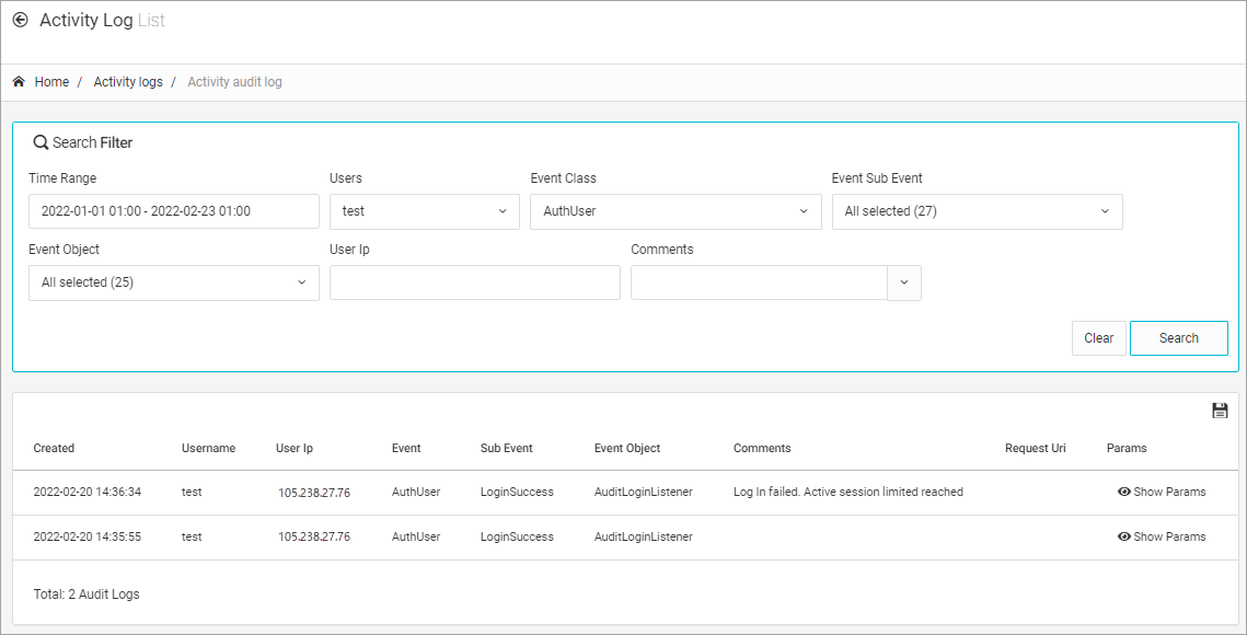 Screenshot of the **Activity audit log** page