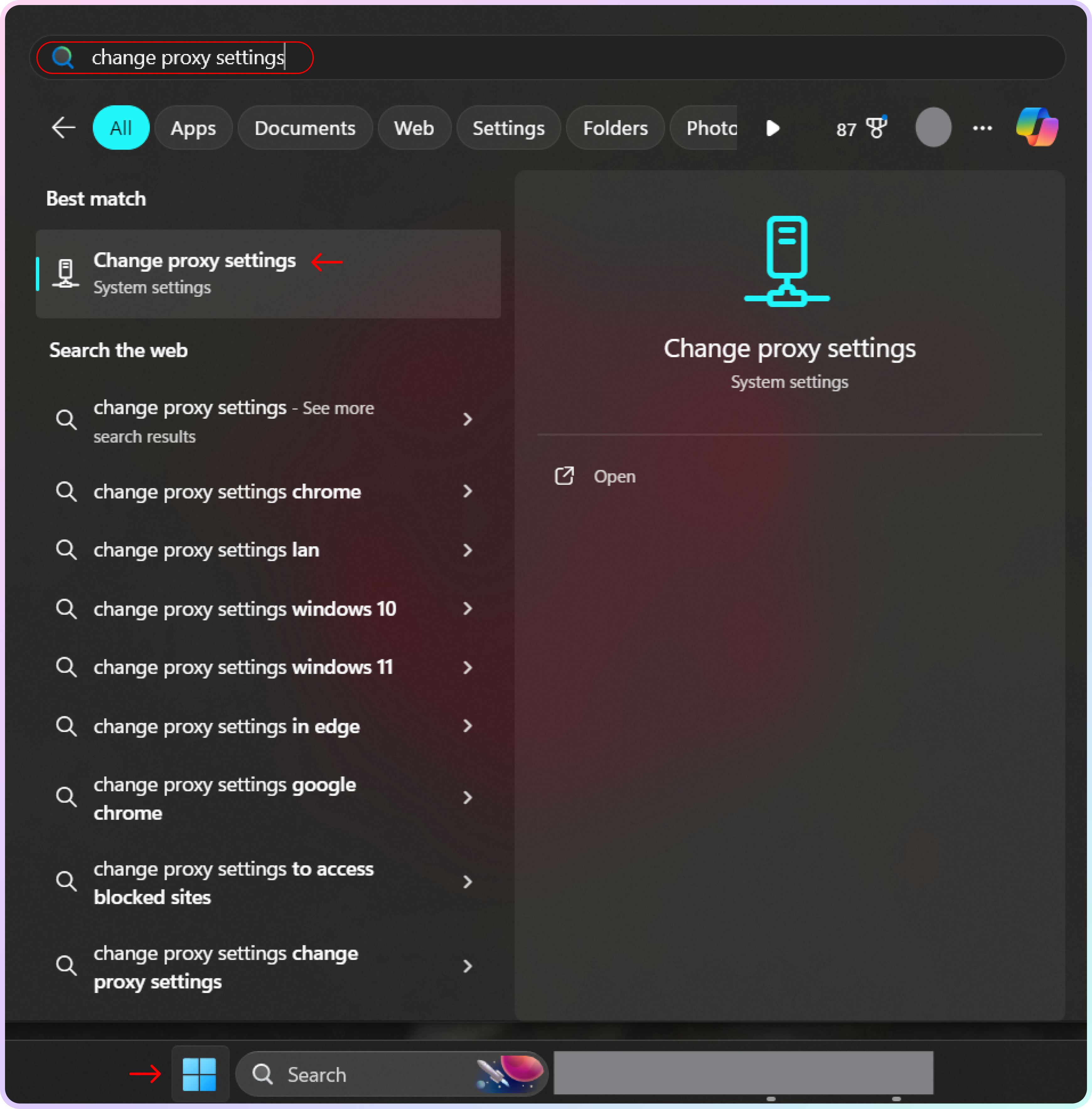 Search for change proxy settings