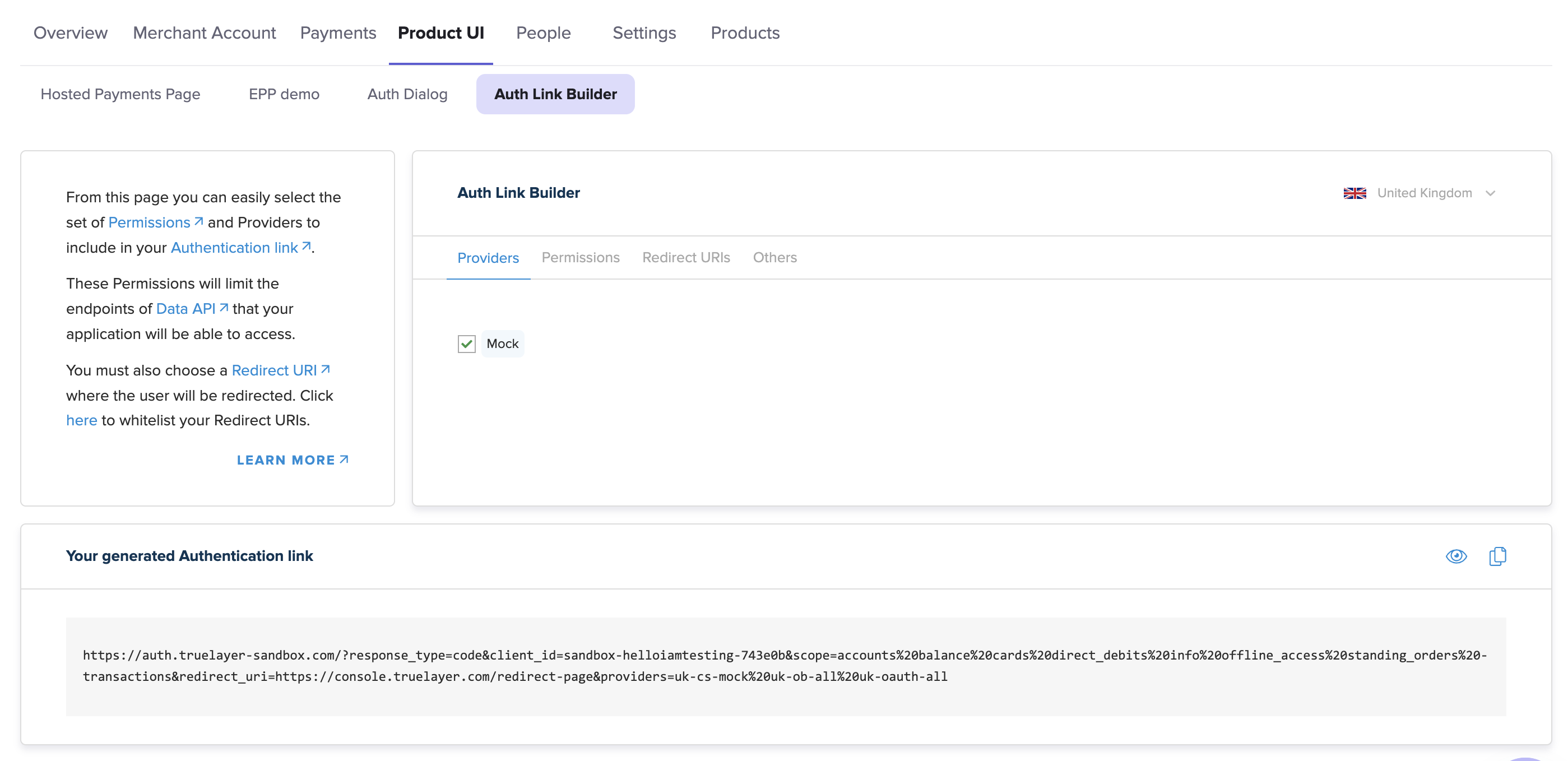The auth link builder tool within Console, with a complete preview of the auth link at the bottom of the screen.
