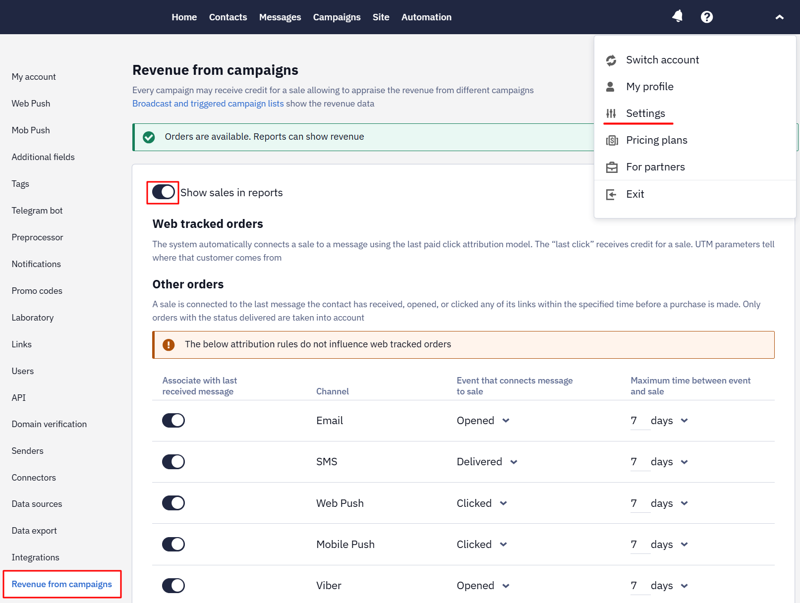 Show sales in report option in Revenue from campaigns settings