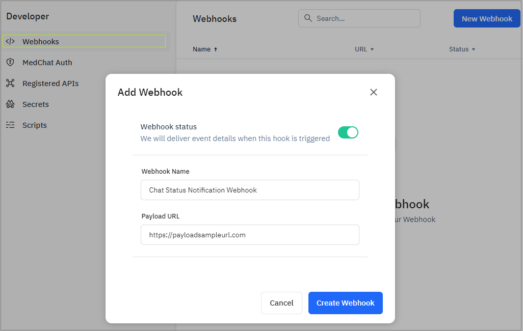 Create New Webhook Dialog