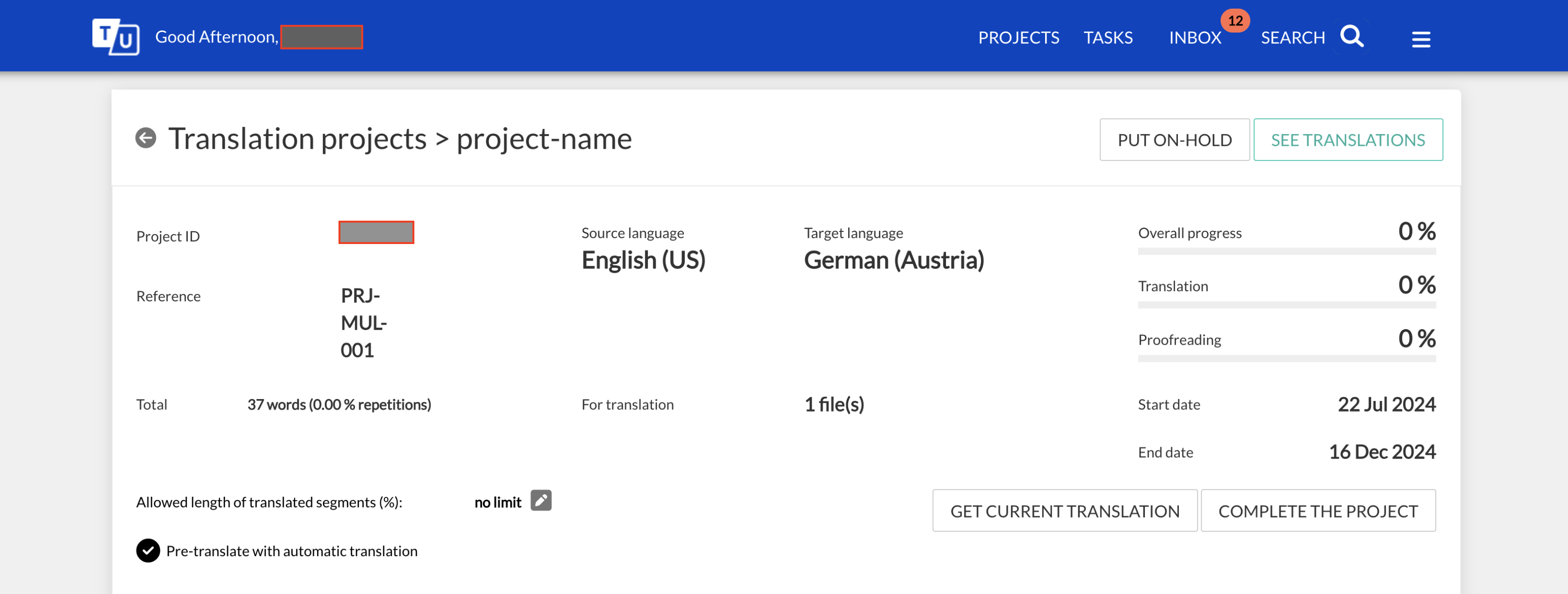 Details for the first monolingual project (English to German (Austria))