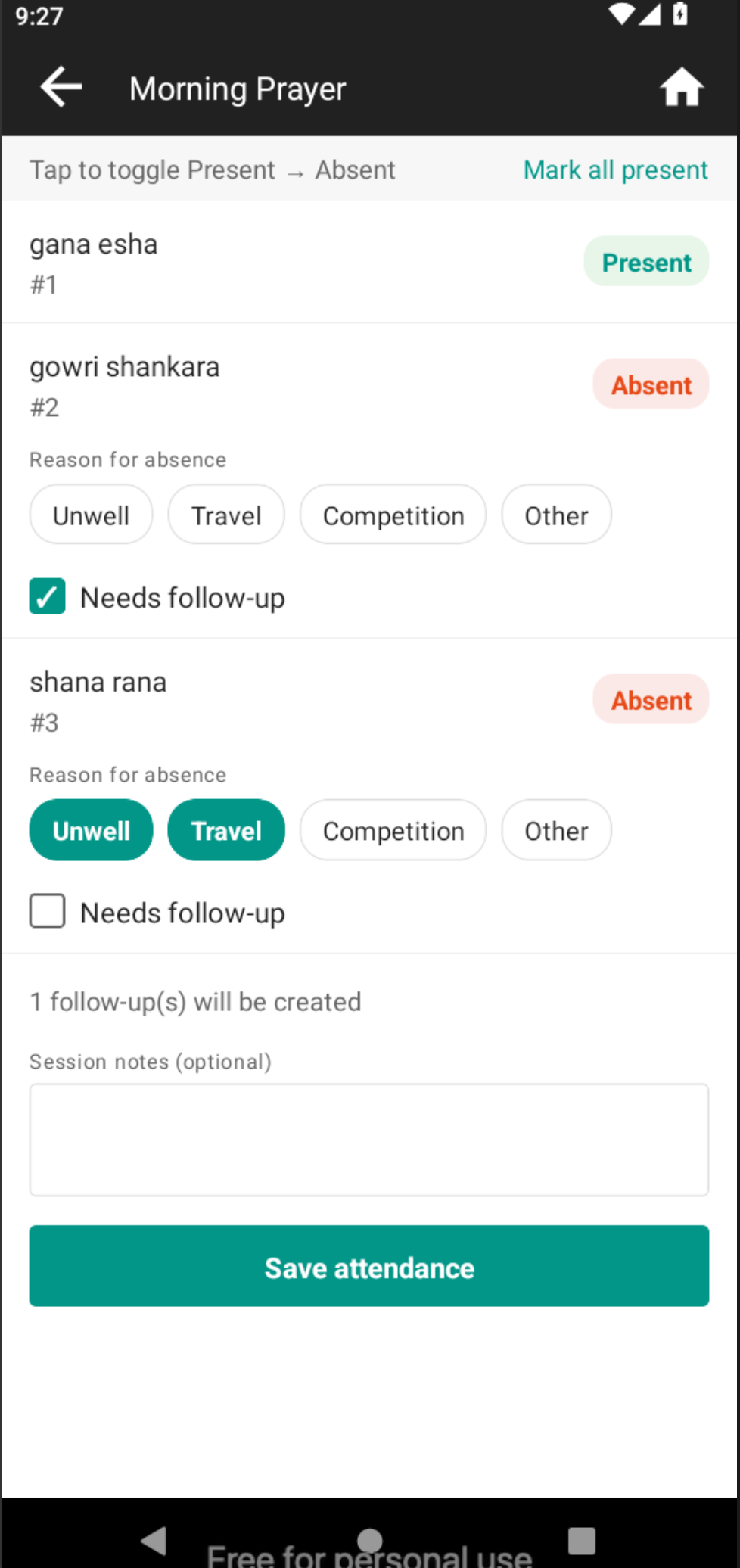Roster with students toggled to Absent showing multi-select reason chips and a per-student Needs-follow-up checkbox; summary line indicating one follow-up will be created