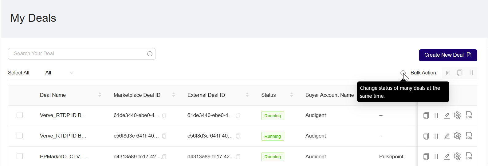 Dashboard page: Bulk Action