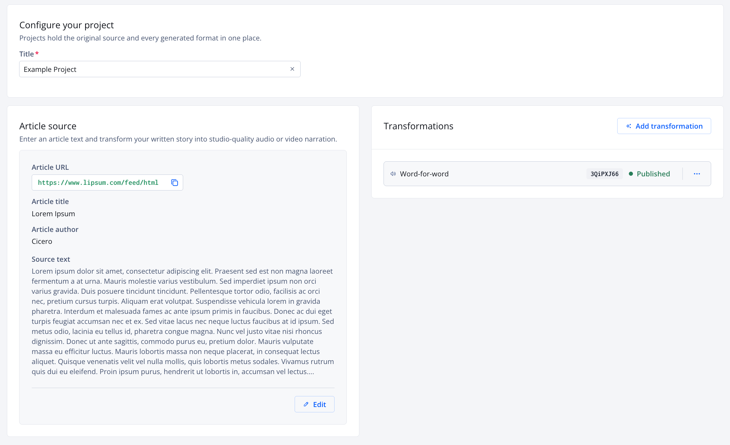 Project settings page