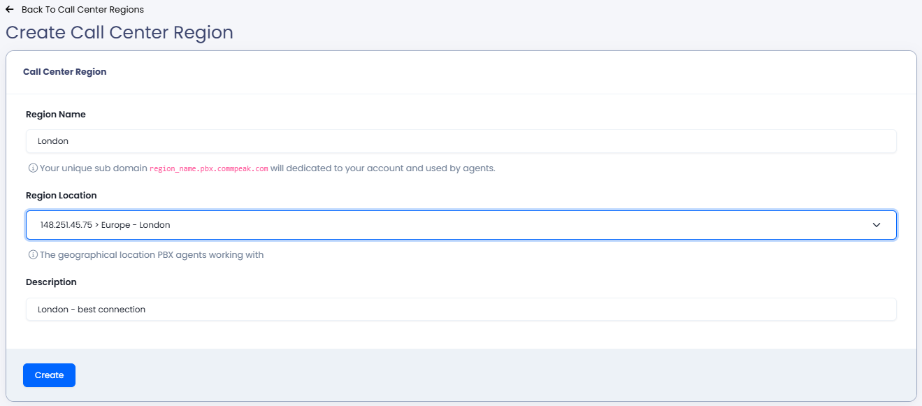 Screenshot of adding a call center region