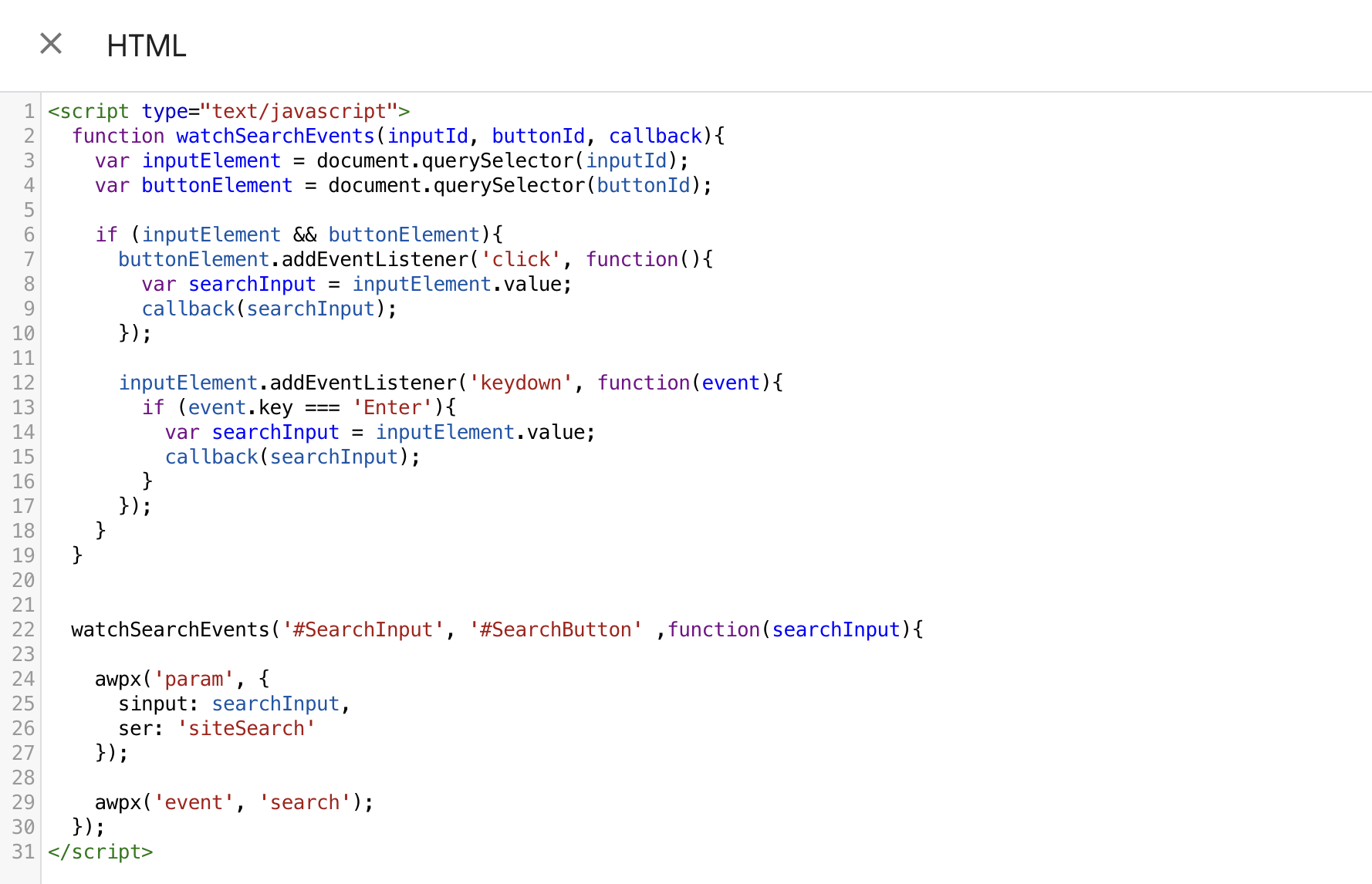 a sample implementation of search as a custom HTML on GTM