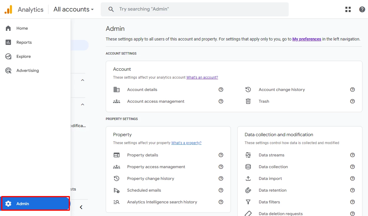 Opening GA Settings