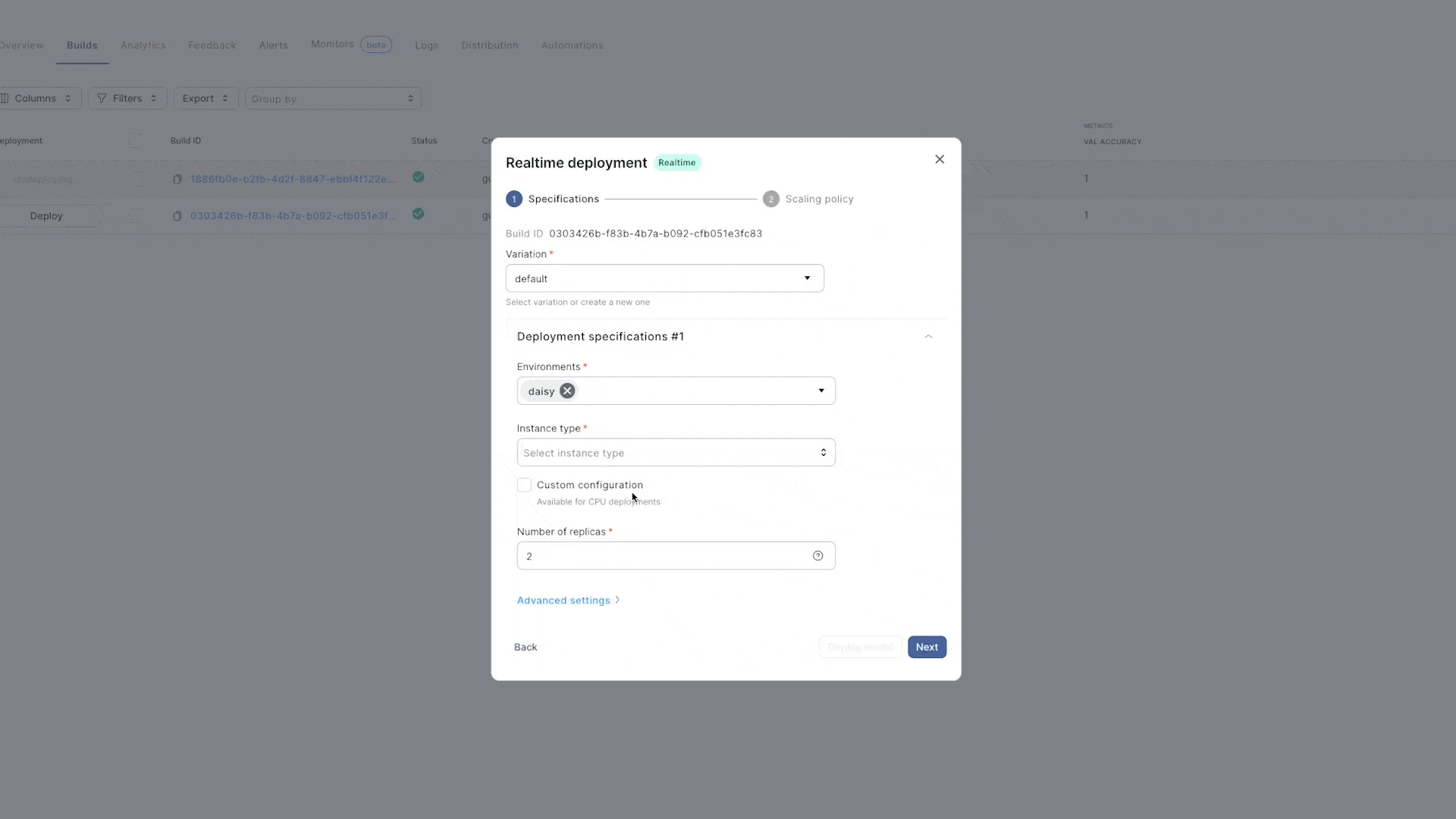 The instance size dropdown offers a wide selection of available instances
