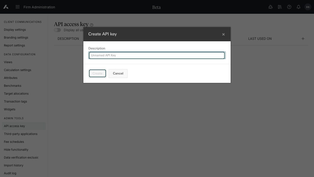 Create API Key dialog