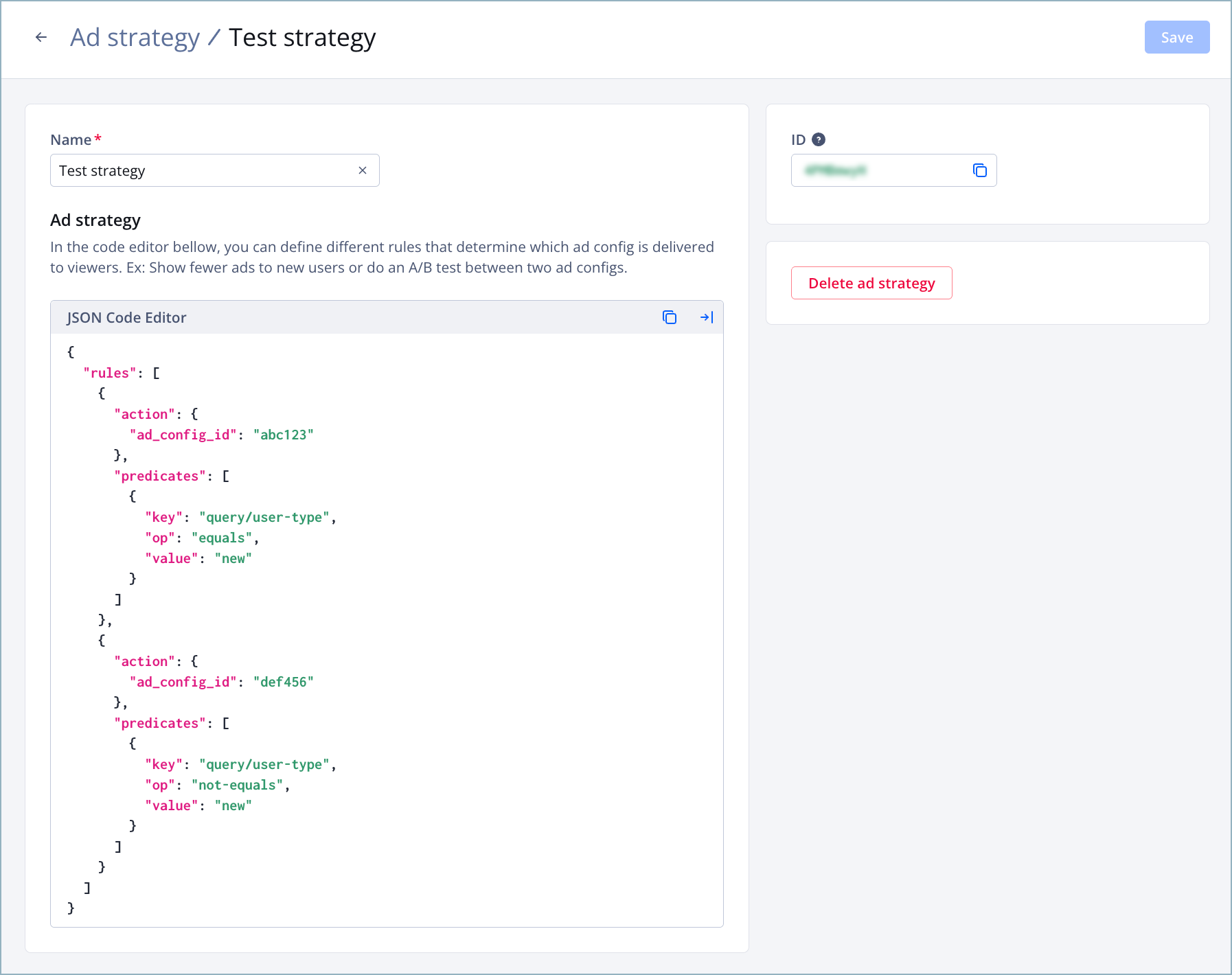 Ad strategy details page