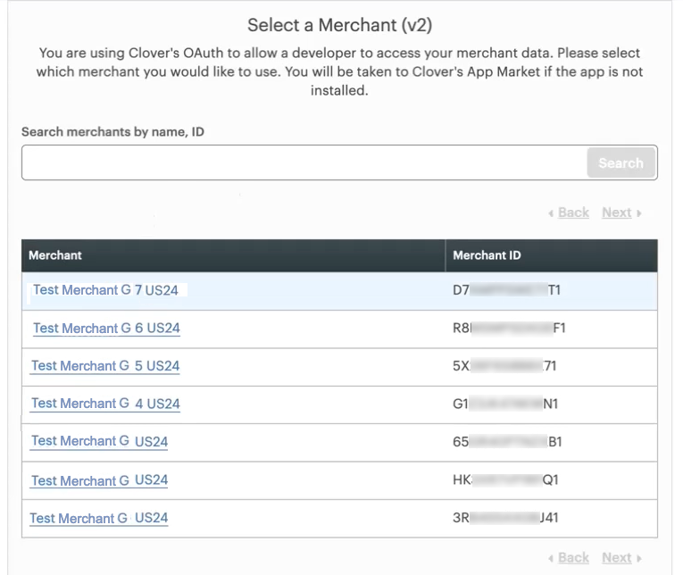 Clover Merchant Dashboard: Select a Merchant page