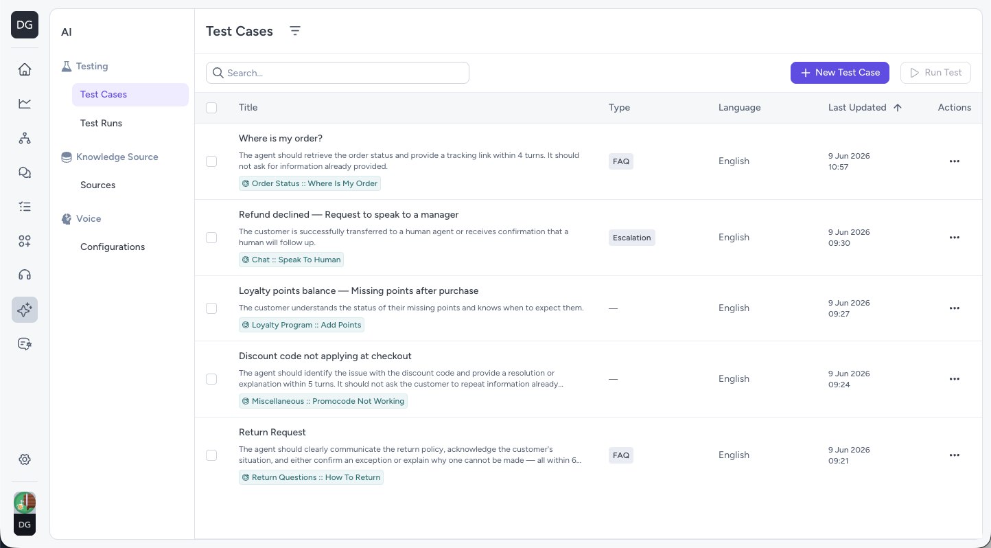 Test Cases list with saved test cases and row checkboxes