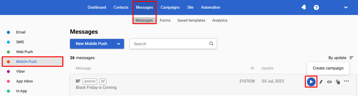 Create campaign button in the message list