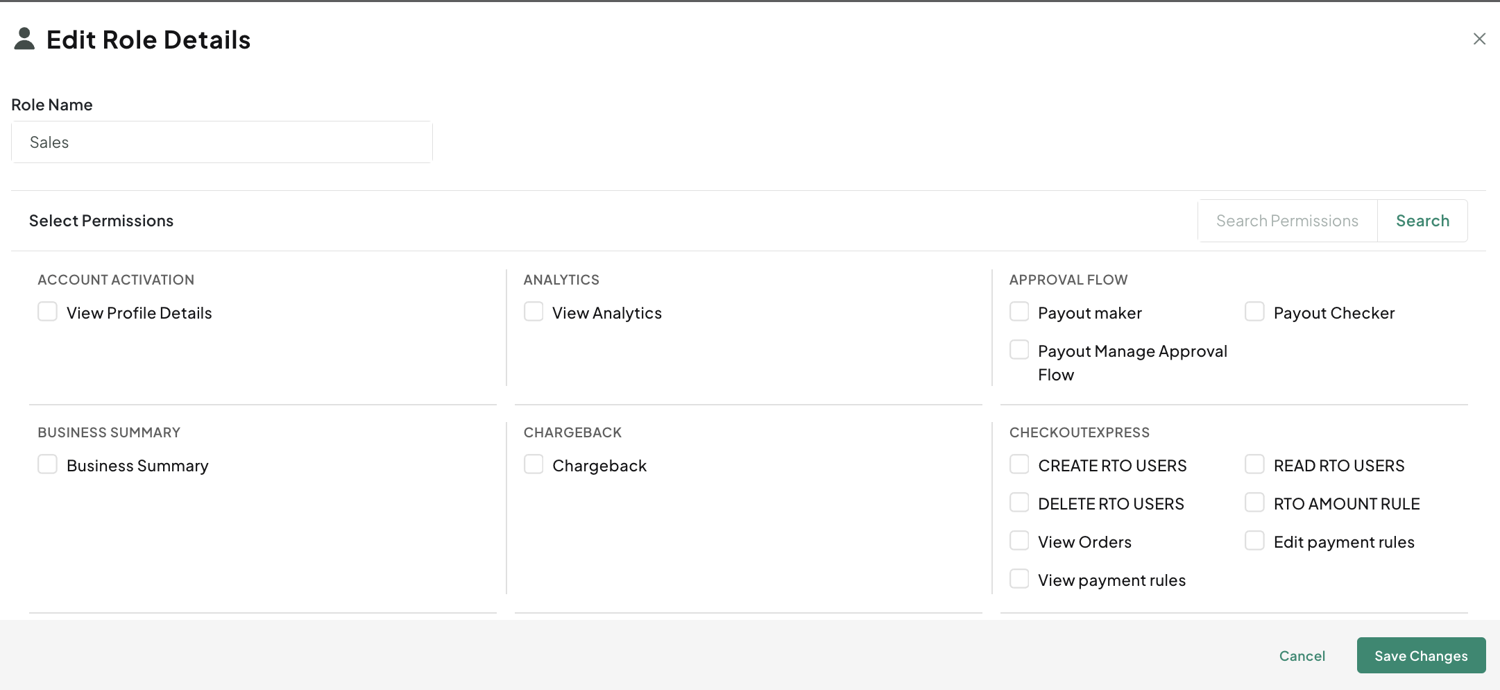 PayU Dashboard - The Edit Role Details pop-up page is displayed.