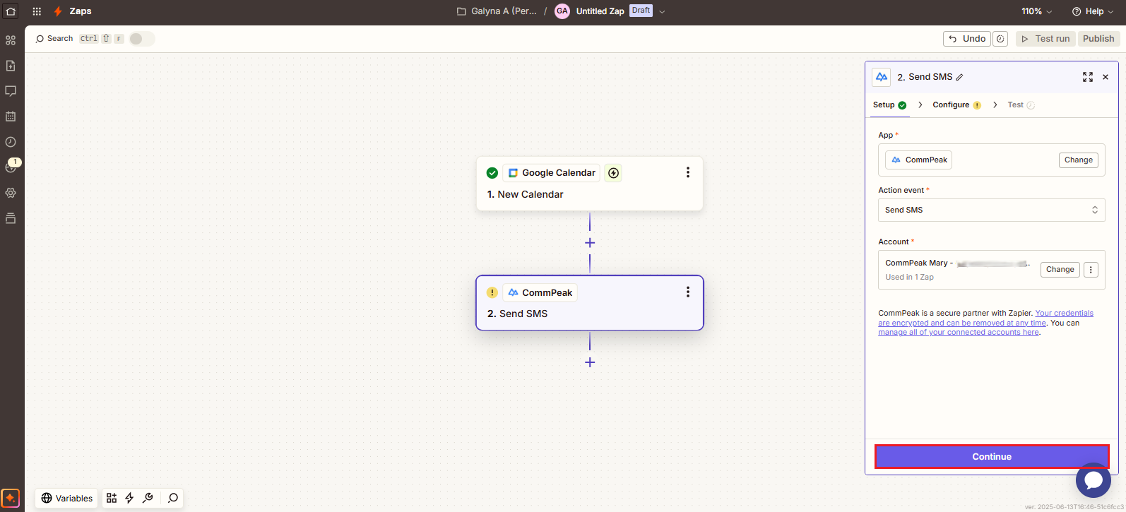 Screenshot of the Continue button