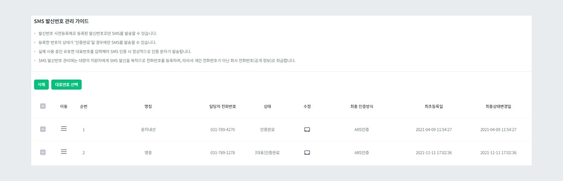 SMS 발신번호 관리