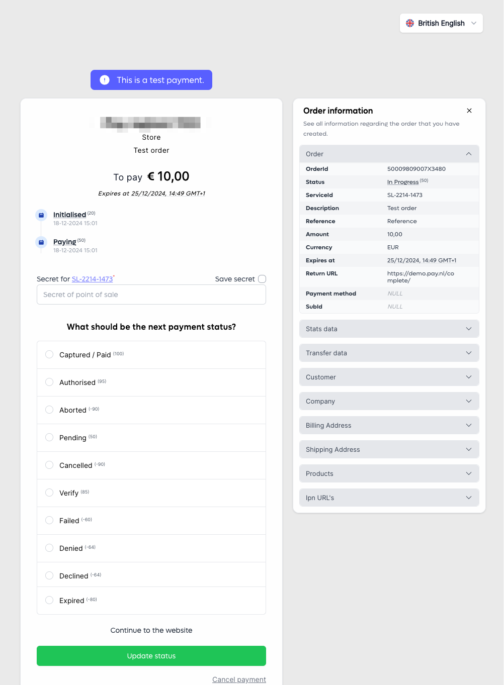 If you start the sandbox with payment method ID 613