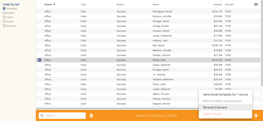 Figure 254. View of the payments in window when trying to reverse a payment