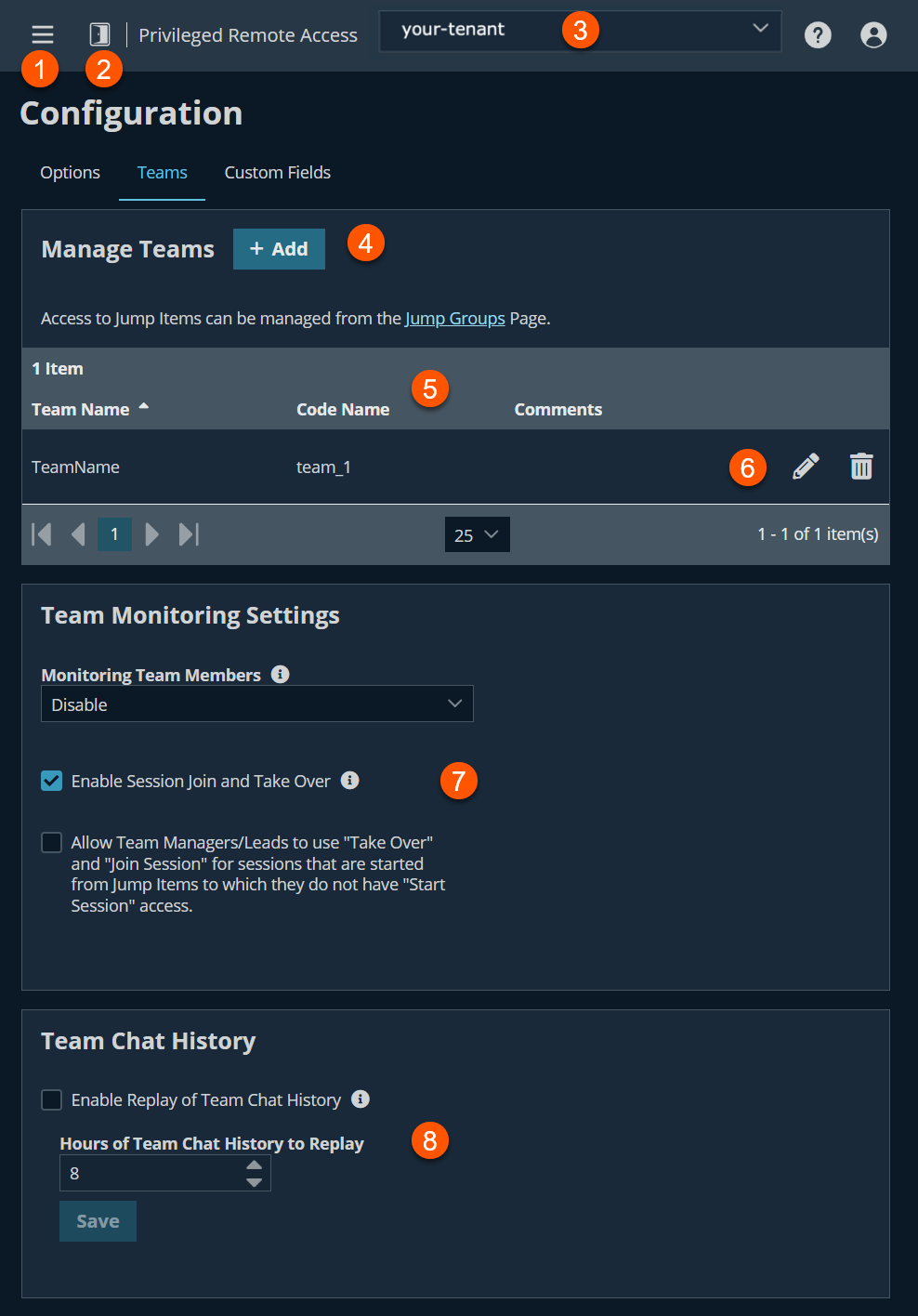 Configuration page of a Privileged Remote Access system showing options for managing teams, team monitoring settings, and team chat history.
