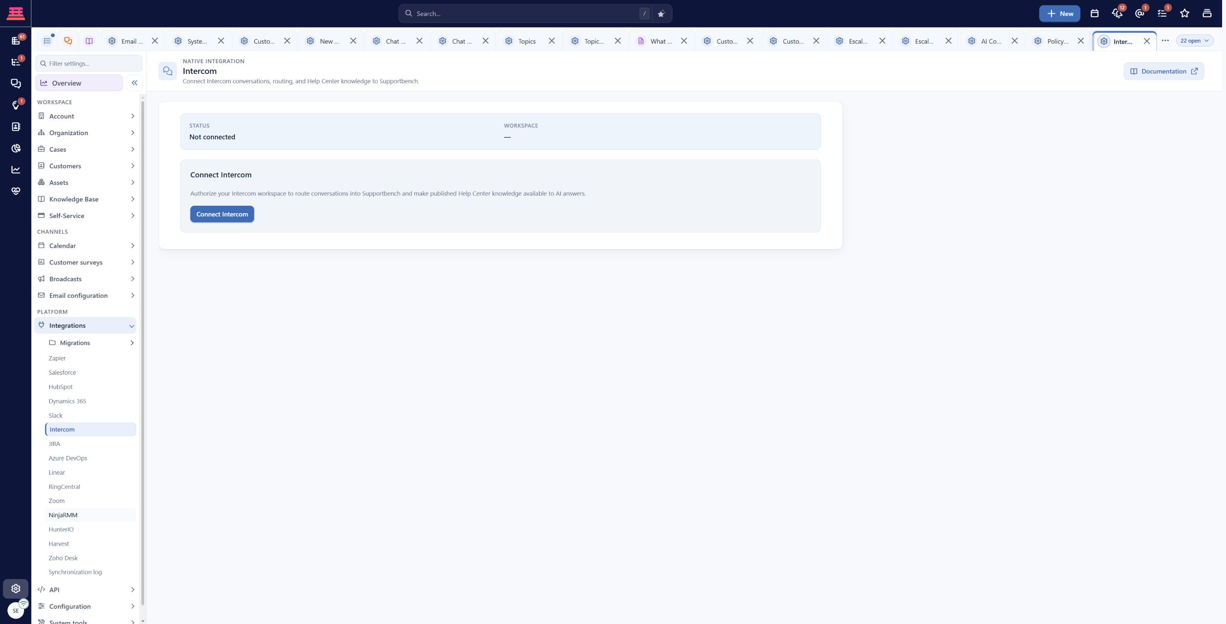 Intercom is not connected in the demo. Connect Intercom starts provider authorization; routing settings appear after a compatible connection. No provider account was connected or test conversation sent.
