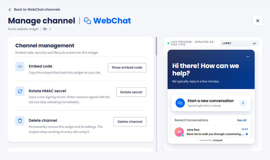 Screenshot of the WebChat Manage channel page showing the Show embed code and Rotate secret actions