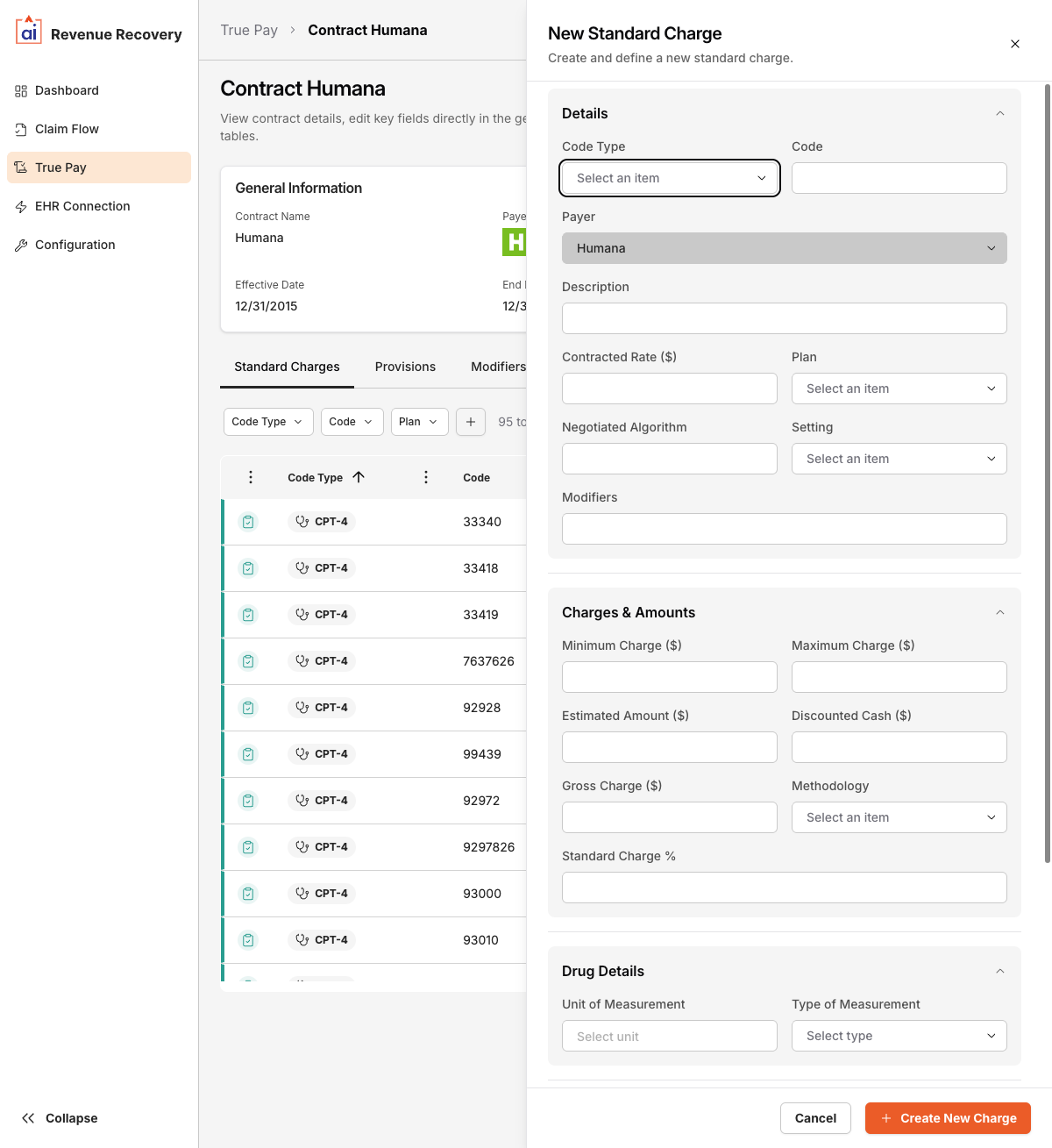 New Standard Charge form showing the Details, Charges & Amounts, and Drug Details sections