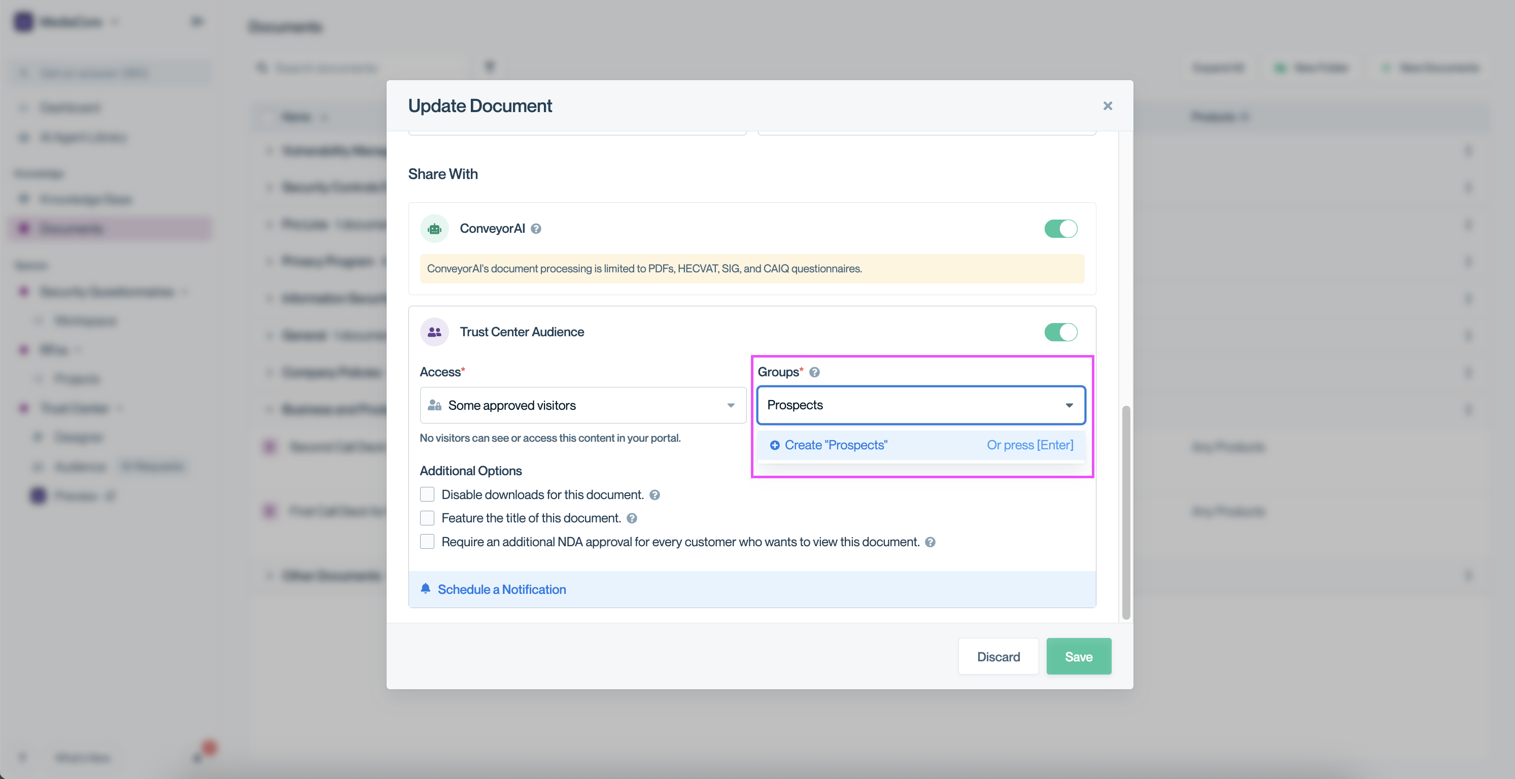 Document edit modal showing 'Some approved customers' selected and a new group called 'Prospects' being typed inline.