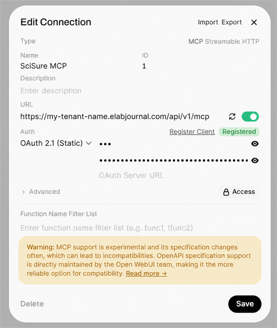 Open WebUI Edit Connection dialog showing SciSure MCP with a green Registered status and Save button