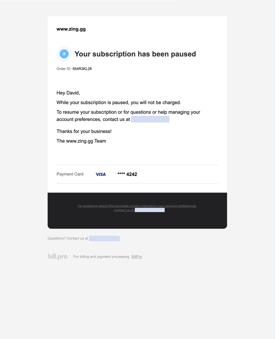 The email notifying that a subscription has been paused