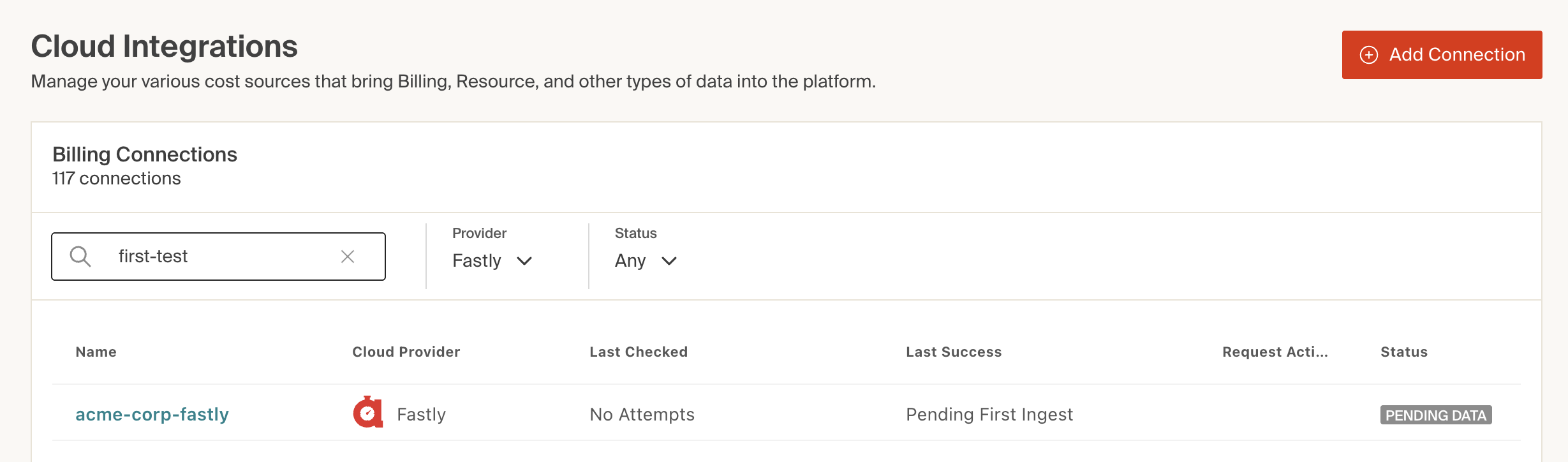 The Billing Connections table in CloudZero shows the newly created Fastly Connection.