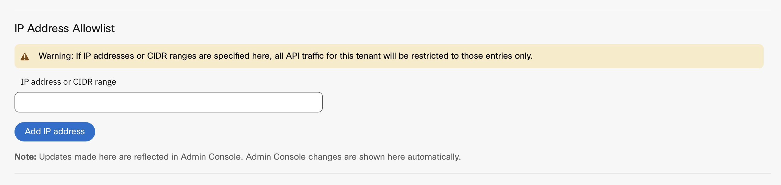 Screenshot of IP Address Allowlist section in Tenant Settings