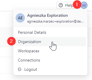 The settings menu expanded with the Organization option higlighted